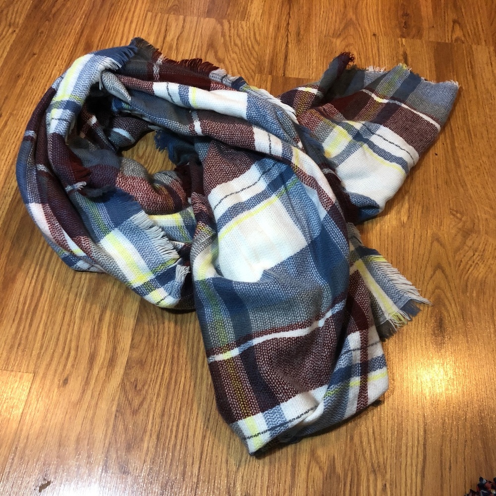 Maroon, White, and Blue Plaid Oversized Scarf